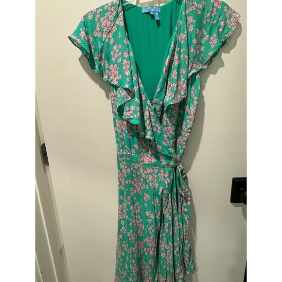 Draper James RSVP Wrap Dress Green Pink Floral Small Ruffle Festival - Picture 1 of 6